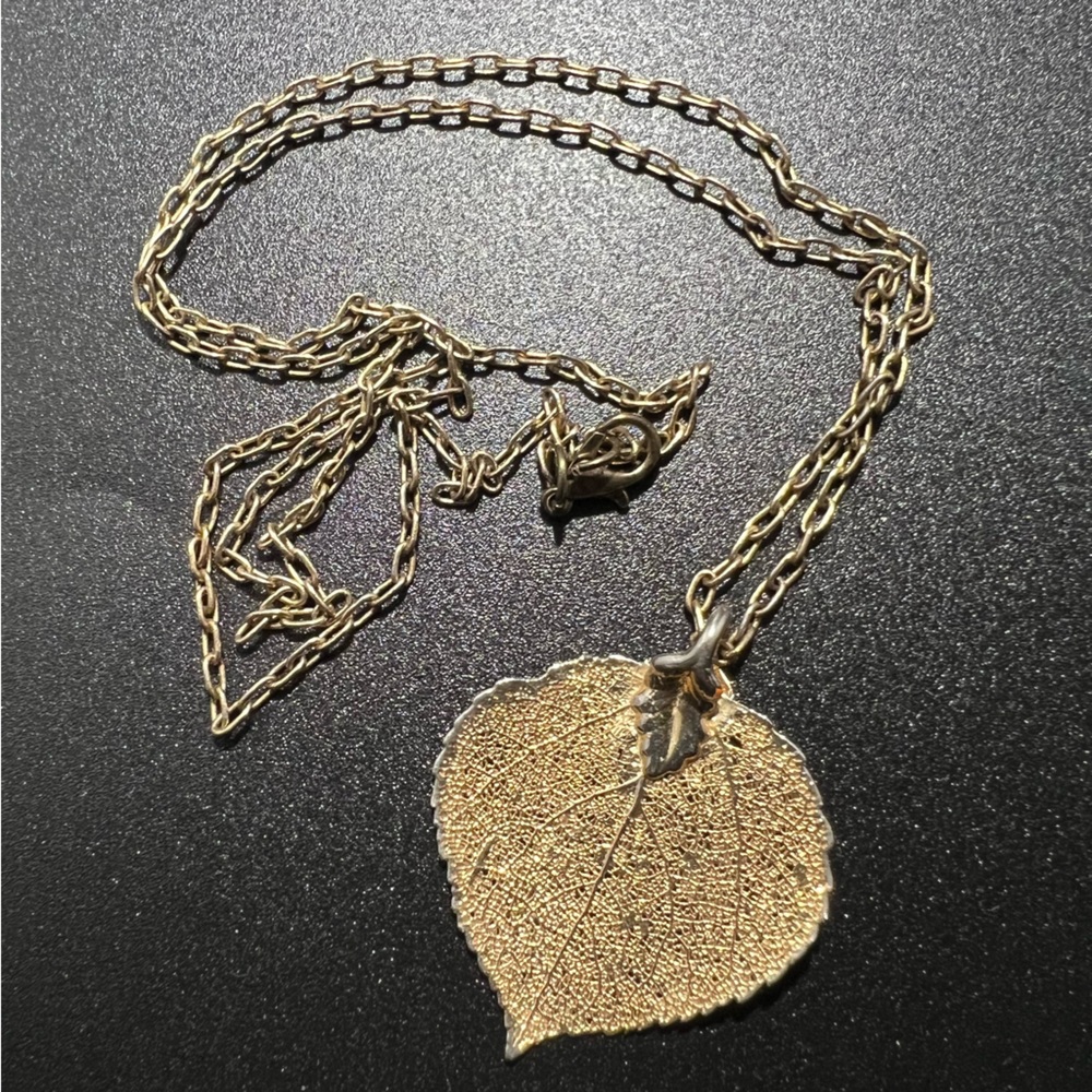 Vintage 24k Gold Dipped Aspen Leaf Pendant 25” Brass Box Link Chain Necklace
